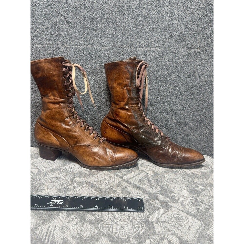 Antique Victorian Brown Leather Lace Up Cap Toe Boots 7.5-8? Narrow Early 1900s